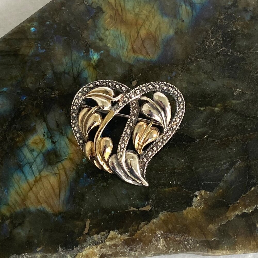 Sterling Silver 925 Mixed Metal Gold Vermeil Foliage Leaf Floral Heart Brooch